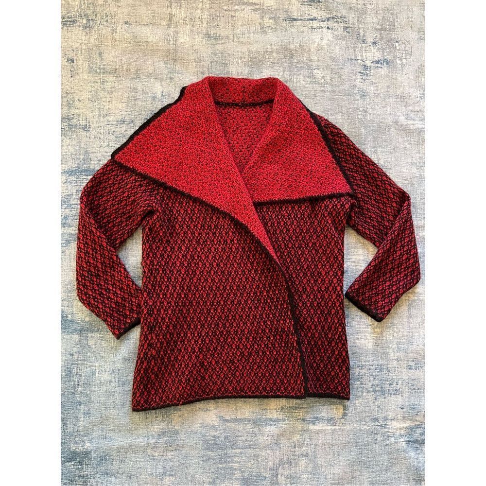 Chico's Red Black Jacquard Open Front Wool Blend Jackie Cardigan